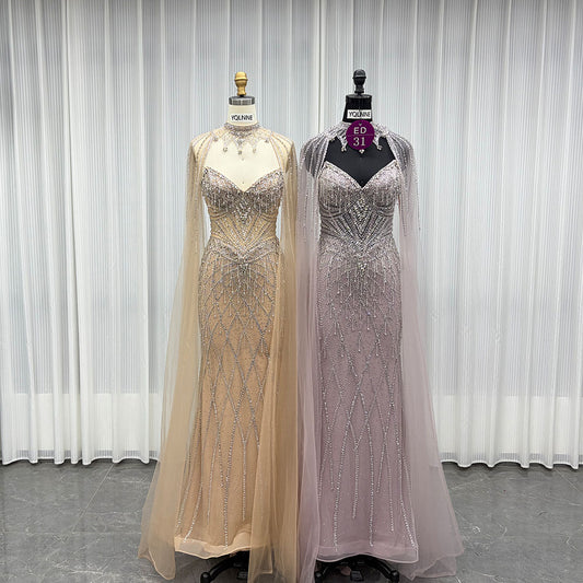 YQLNNE ED031 Gold Crystals Beaded Evening Dress With Shawl