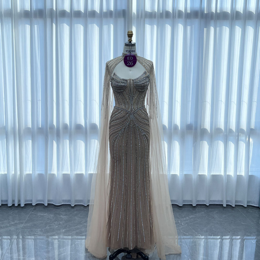 YQLNNE ED026 Gold Rhinestones Mermaid Evening Dress With Shawl