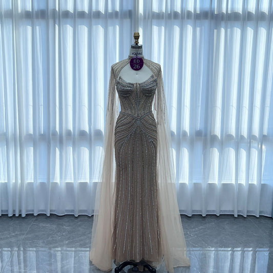 YQLNNE ED026 Gold Rhinestones Mermaid Evening Dress With Shawl