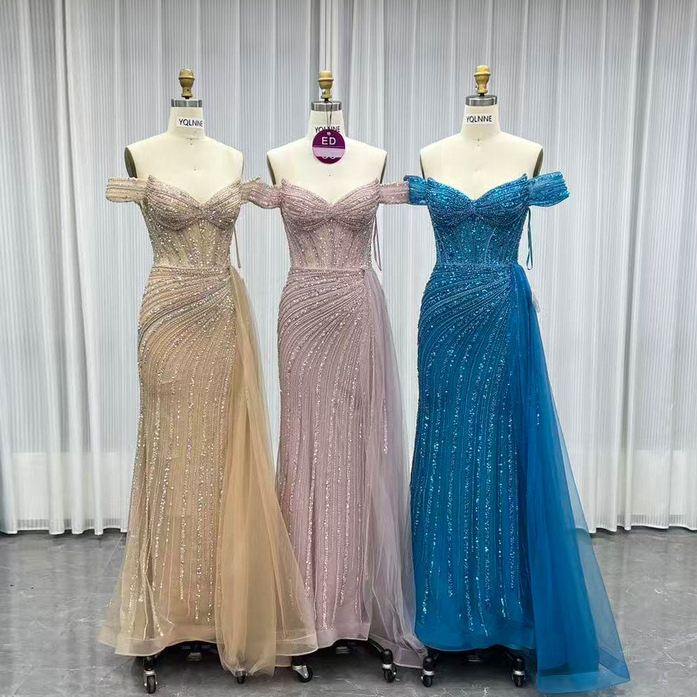YQLNNE ED035 Pink Off Shoulder Crystals Evening Dress Mermaid With Detachable Train