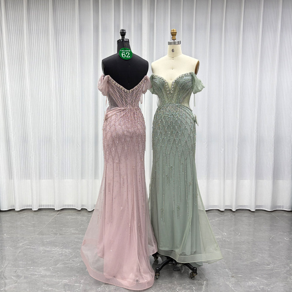 YQLNNE 062 Sage Crystals Mermaid Evening Dress Off the Shoulder