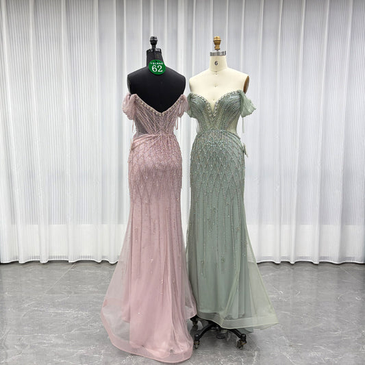 YQLNNE 062 Sage Crystals Mermaid Evening Dress Off the Shoulder