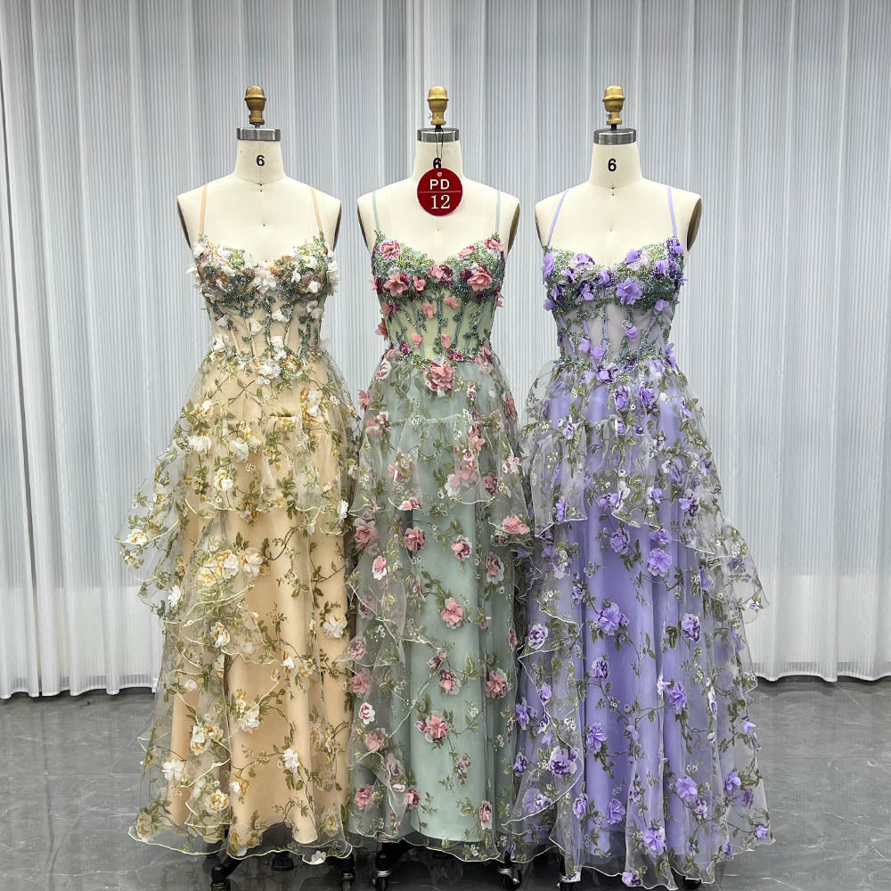 YQLNNE PD012 Printed Flowers Long Slit Princess Prom Dress