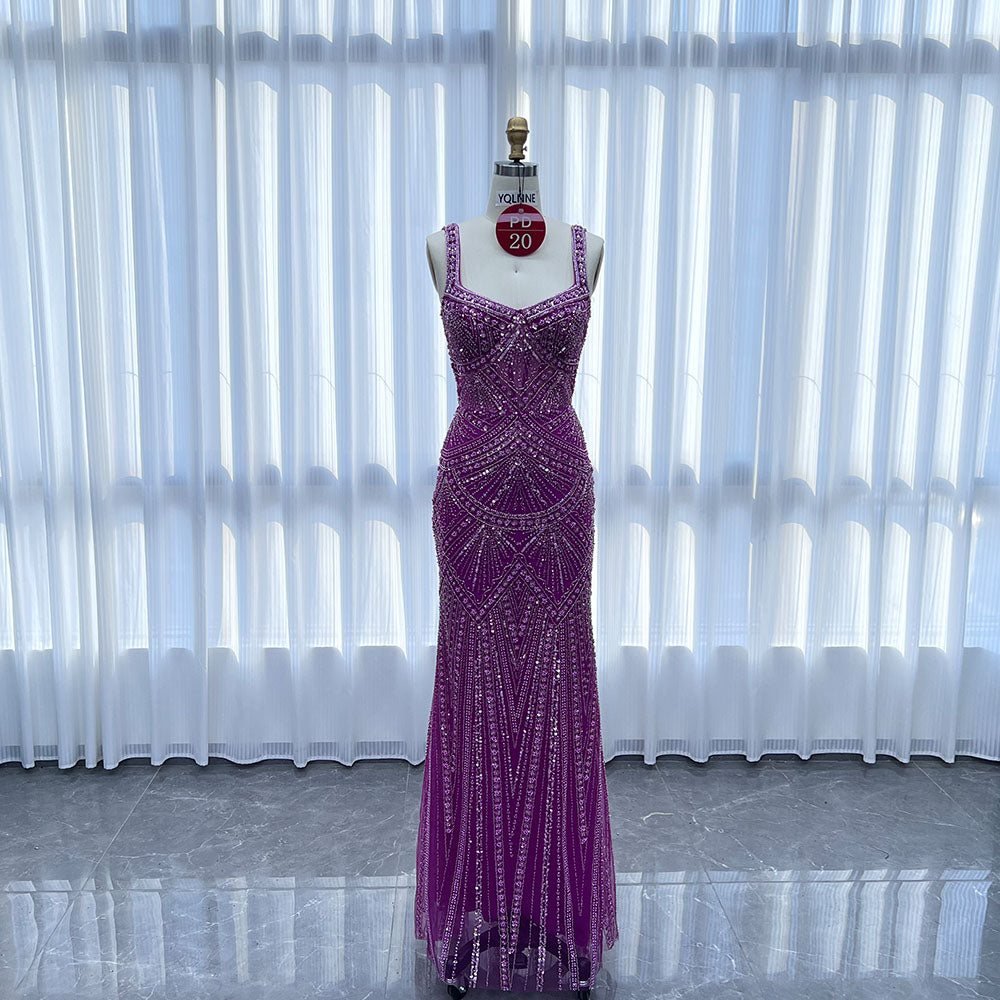 YQLNNE PD020 Fuchsia Spaghetti Crystals Embroidered Long Evening Dress Mermaid