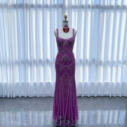YQLNNE PD020 Fuchsia Spaghetti Crystals Embroidered Long Evening Dress Mermaid