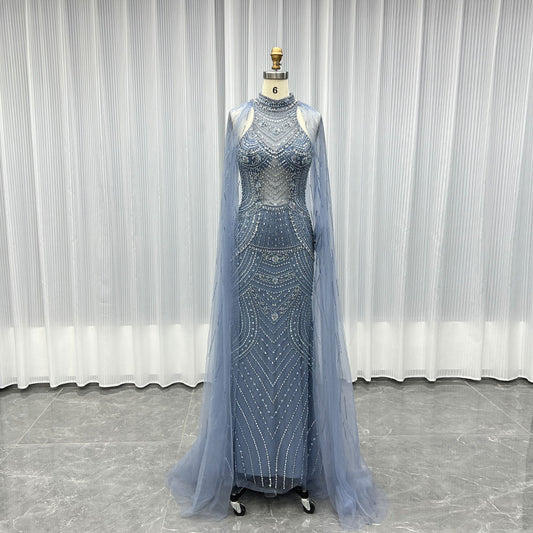 New Dusty Blue Handmade Rhinestones Beaded Long Evening Dress Formal Party Gown