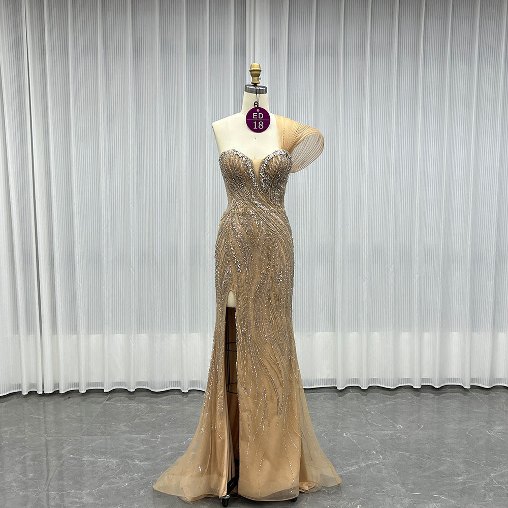 YQLNNE ED18 Gold One Shoulder Crystals Evening Dress Pageant Gown With Slit
