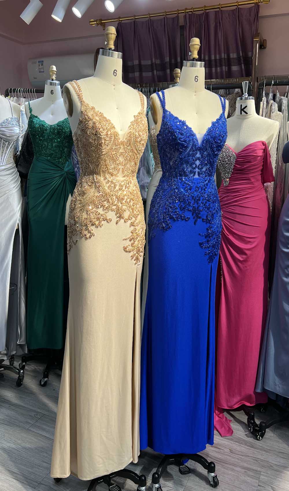 YQLNNE Gold High Slit Beading Prom Dresses Long Spaghetti Sequined Spandex Mermaid Evening Gown Lace-up