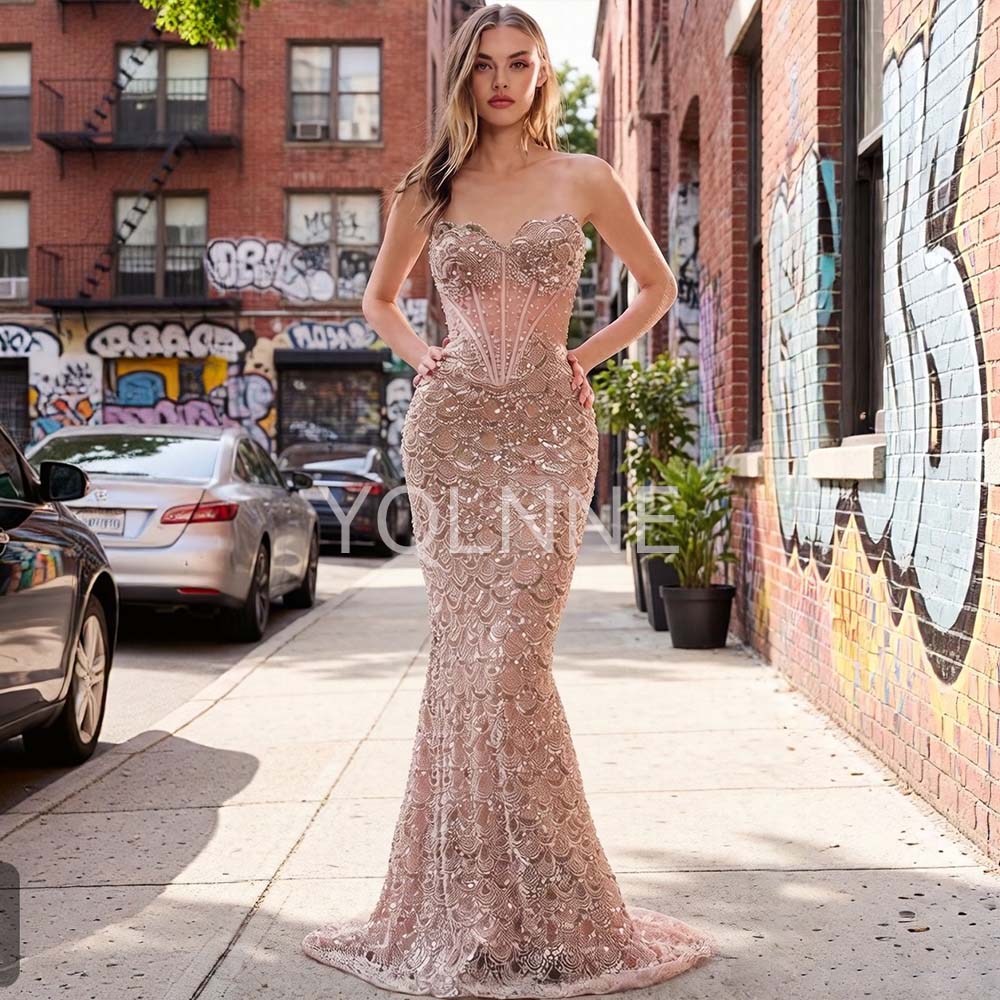 YQLNNE M1999 Luxury Nude Long Prom Dresses With Beaded Pearls