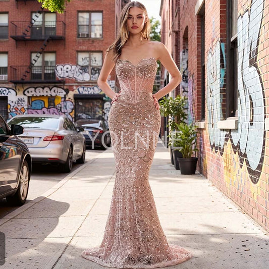 YQLNNE M1999 Luxury Nude Long Prom Dresses With Beaded Pearls