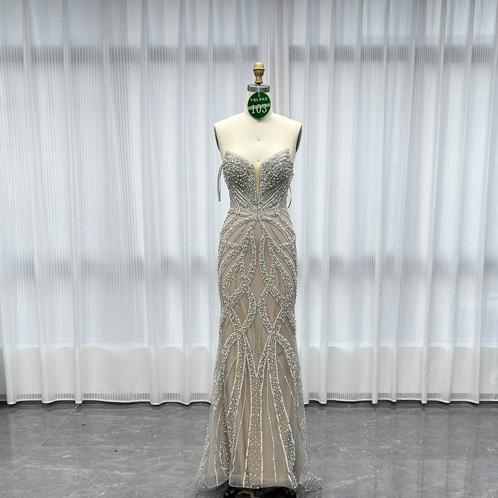 YQLNNE 0103 Silver Nude Long Prom Dress With Crystals Pearls