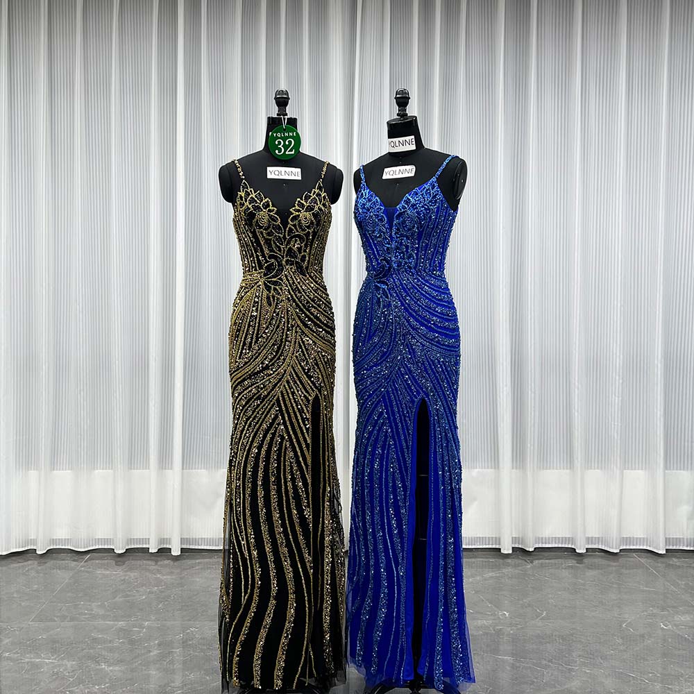 YQLNNE 032 Black Handmade Crystals Beaded Evening Dress Royal Blue
