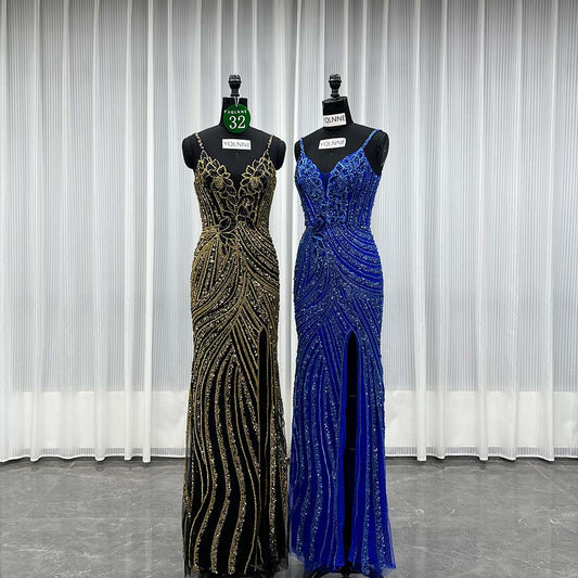 YQLNNE 032 Black Handmade Crystals Beaded Evening Dress Royal Blue