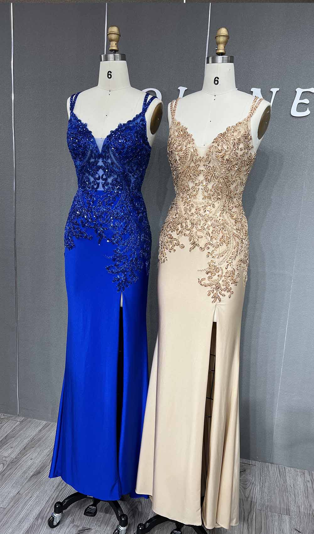 YQLNNE Royal Blue High Slit Beading Prom Dresses Long Spaghetti Sequined Spandex Mermaid Evening Gown Lace-up