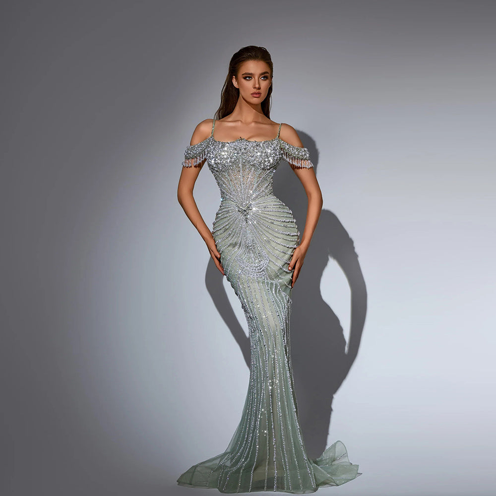 YQLNNE Pink Handmade Crystals Pearls Evening Dress Mermaid