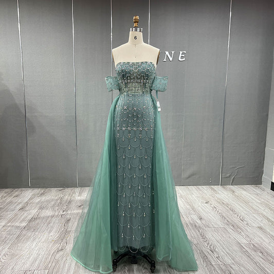 YQLNNE 5019 Sage Green Off Shoulder Evening Dress Crystals Beaded With Removable Train