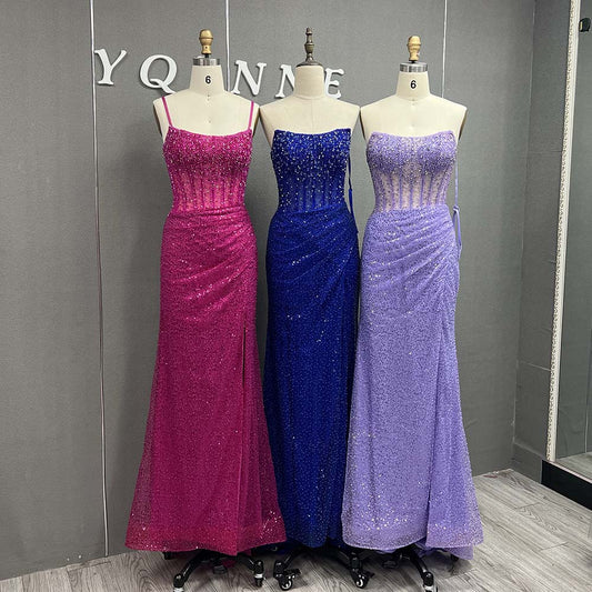 YQLNNE 06 Royal Blue Long Crystals Beaded Slit Prom Dresses With Straps