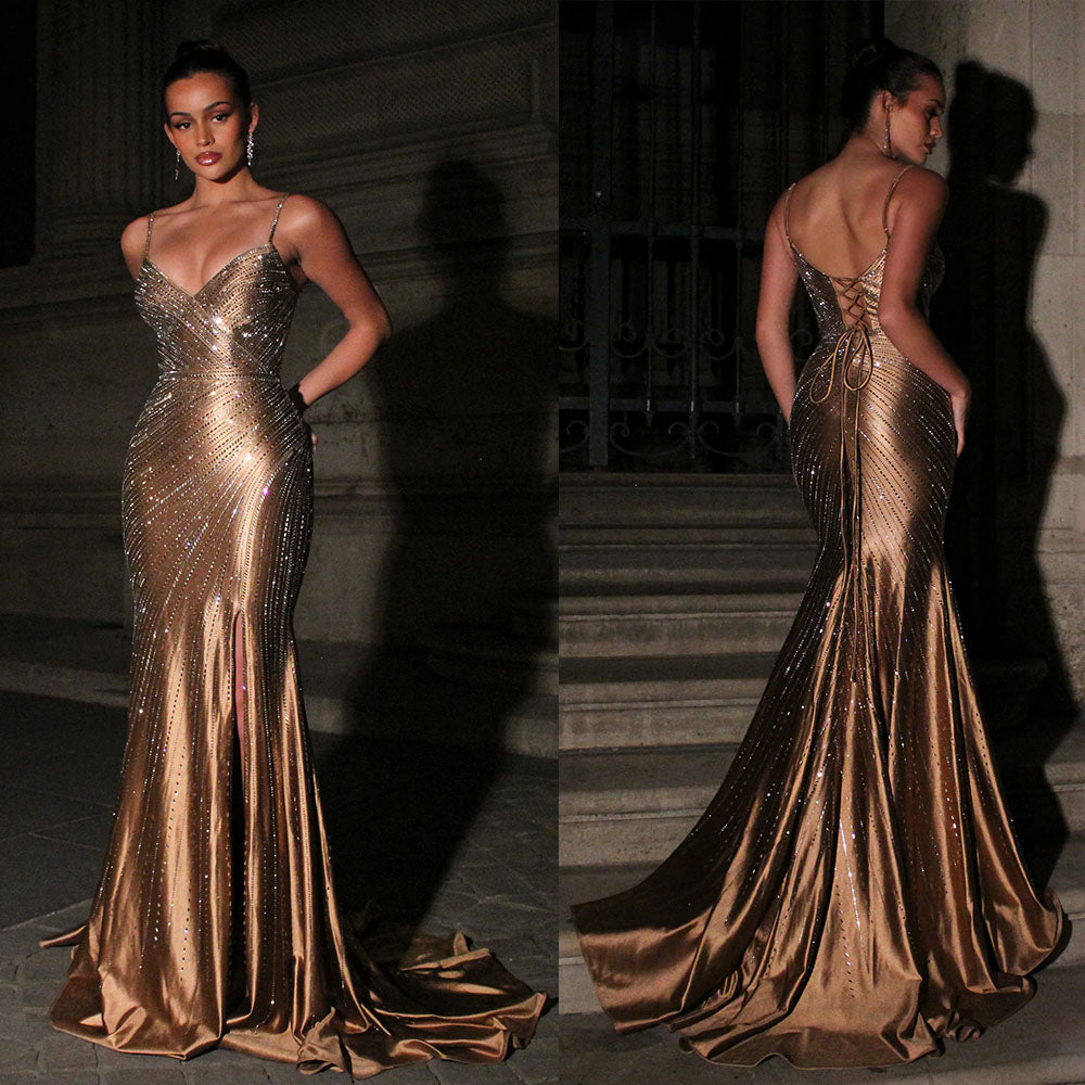 YQLNNE M1993 Gold Satin Straps Crystals Long Prom Dresses Mermaid With Slit