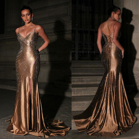 YQLNNE M1993 Gold Satin Straps Crystals Long Prom Dresses Mermaid With Slit