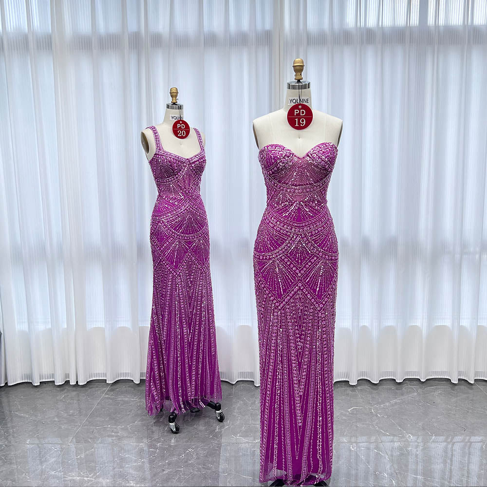 YQLNNE PD019 Fuchsia Strapless Beadings Mermaid Prom Dress Lace-up