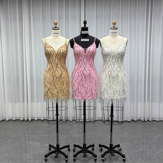 YQLNNE YQ3002 Pink Short Feathers Evening Dress With Handmade Crystals Beaded
