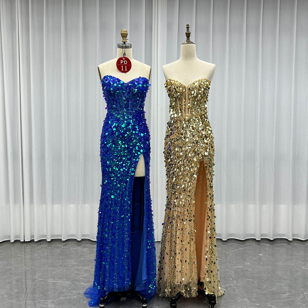 YQLNNE PD011 Sparkly Gold Sequins Beading Long Prom Dress With Slit