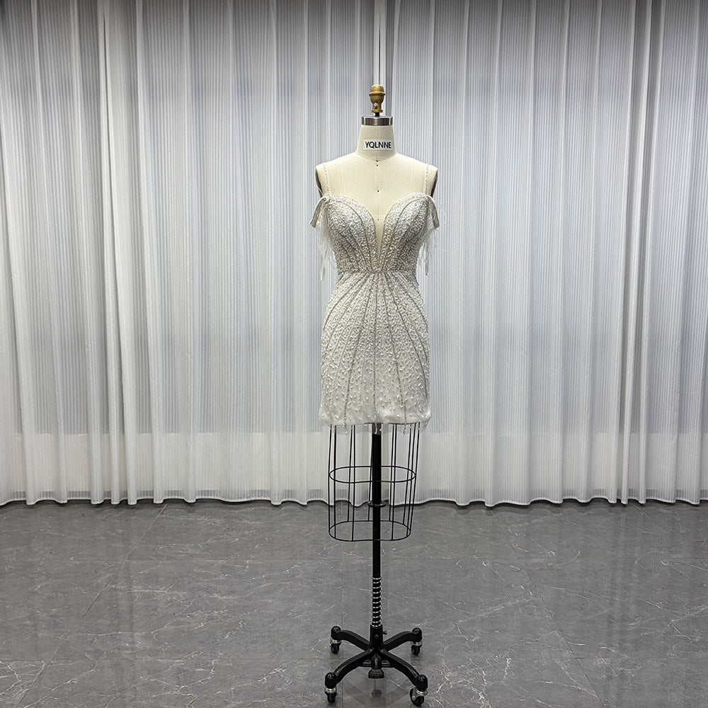 YQLNNE White Short Feathers Party Dress Handmade Crystals Beaded