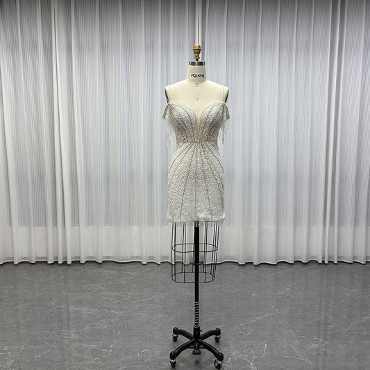 YQLNNE White Short Feathers Party Dress Handmade Crystals Beaded