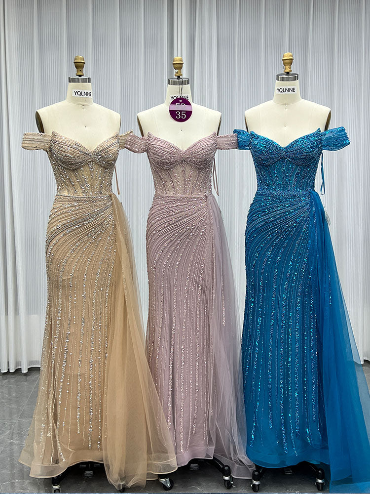 YQLNNE ED035 Pink Off Shoulder Crystals Evening Dress Mermaid With Detachable Train