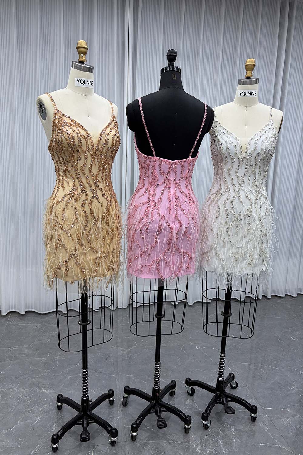 YQLNNE YQ3002 Pink Short Feathers Evening Dress With Handmade Crystals Beaded