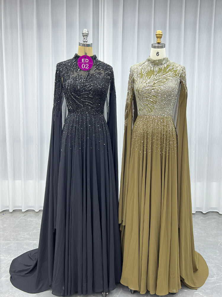YQLNNE ED02 Black Dubai Handmade Crystal Beaded Chiffon Evening Dress