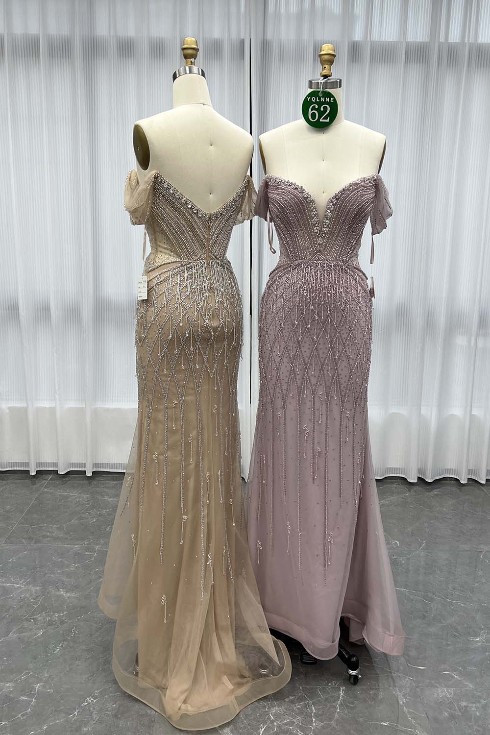 YQLNNE 062 Pink Off Shoulder Evening Dress Long Crystals Beaded Evening Gown