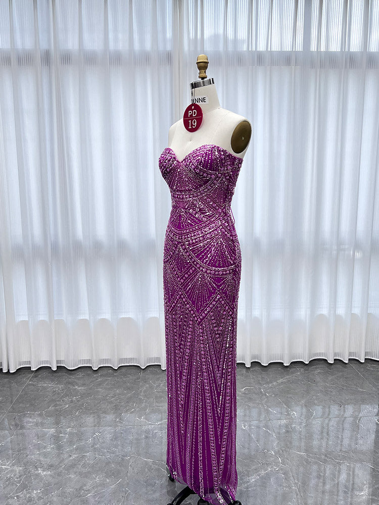 YQLNNE PD019 Fuchsia Strapless Beadings Mermaid Prom Dress Lace-up