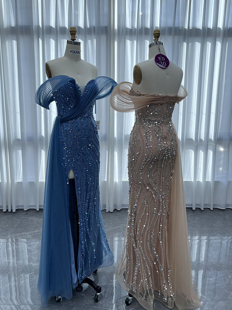 YQLNNE ED030 Gold Off Shoulder Handmade Beaded Evening Dress Mermaid