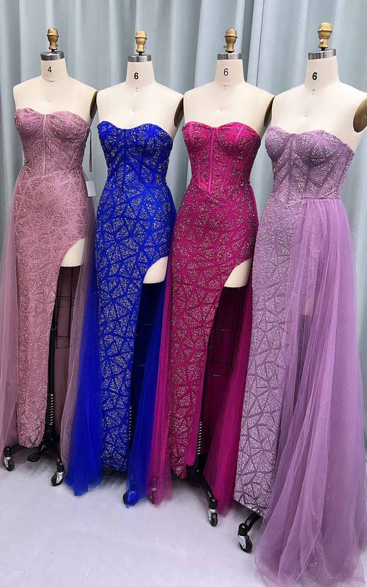 Sexy Strapless Pink High Slit Prom Dresses Long Vestidos De Gale