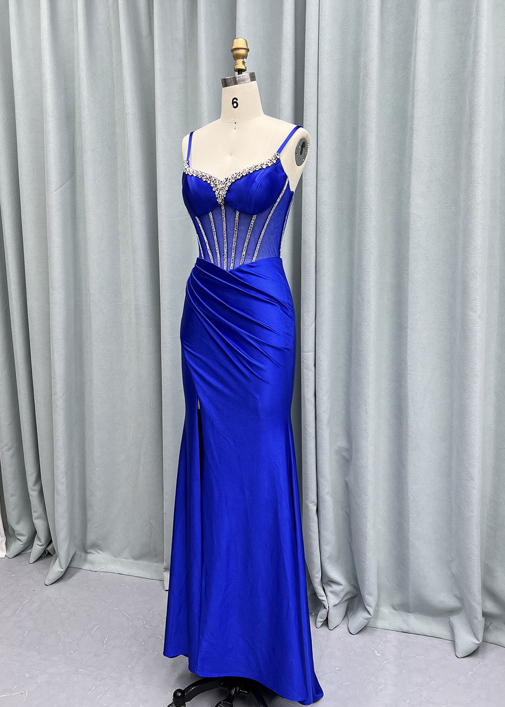 YQLNNE Royal Blue Rhinestones Long Slit Prom Dresses Satin Mermaid Beaded Formal Evening Party Gown