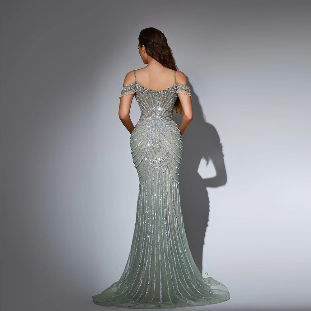YQLNNE Pink Handmade Crystals Pearls Evening Dress Mermaid