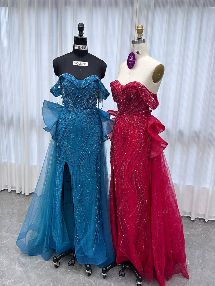 YQLNNE ED033 Classic Off Shoulder Crystals Red Evening Dress With Slit