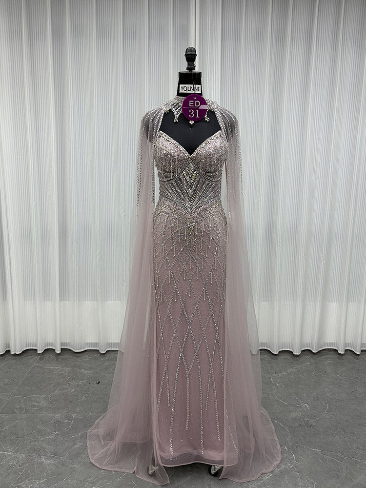 YQLNNE ED031 Gold Crystals Beaded Evening Dress With Shawl