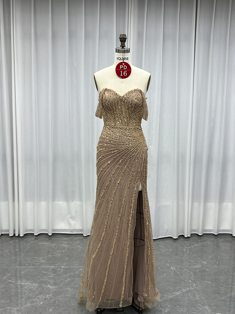 YQLNNE PD016 Mocha Sequins Long Prom Dresses Off Shoulder Evening Gown Mermaid
