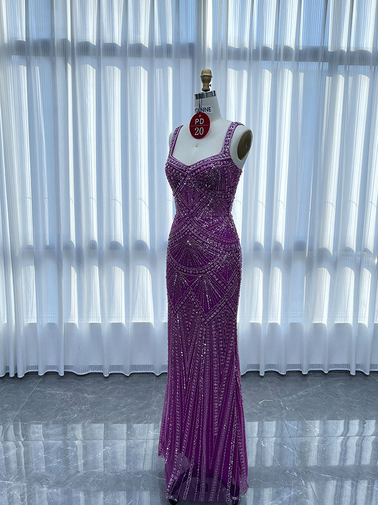 YQLNNE PD020 Fuchsia Spaghetti Crystals Embroidered Long Evening Dress Mermaid