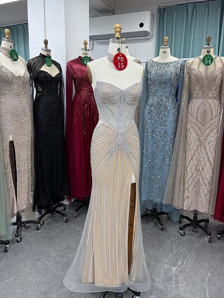 YQLNNE PD015 Silver Nude Slit Long Prom Dress Crystals Mermaid
