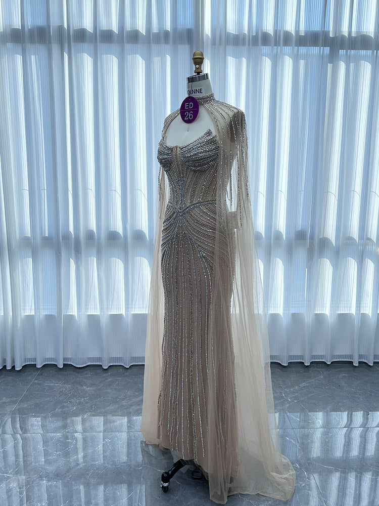 YQLNNE ED026 Gold Rhinestones Mermaid Evening Dress With Shawl