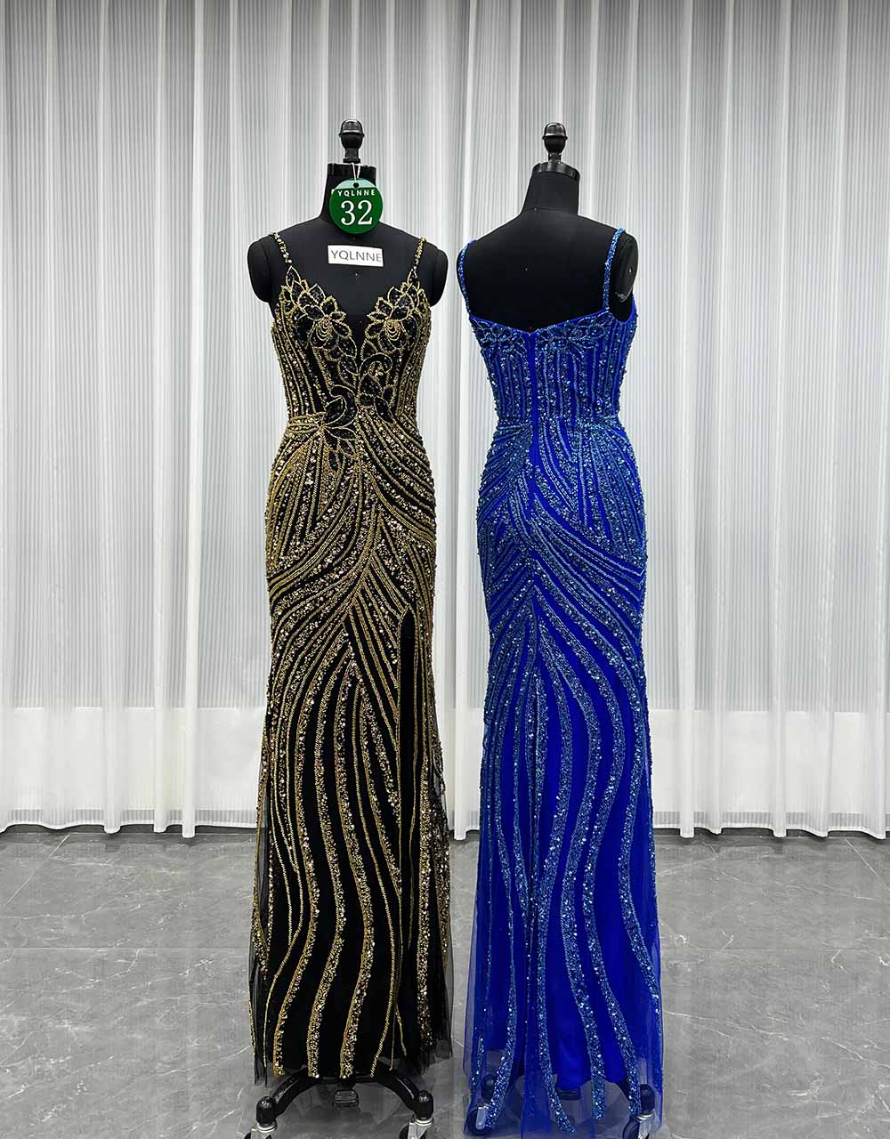 YQLNNE 032 Black Handmade Crystals Beaded Evening Dress Royal Blue
