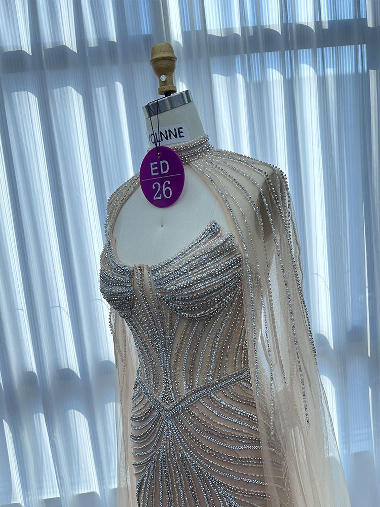 YQLNNE ED026 Gold Rhinestones Mermaid Evening Dress With Shawl