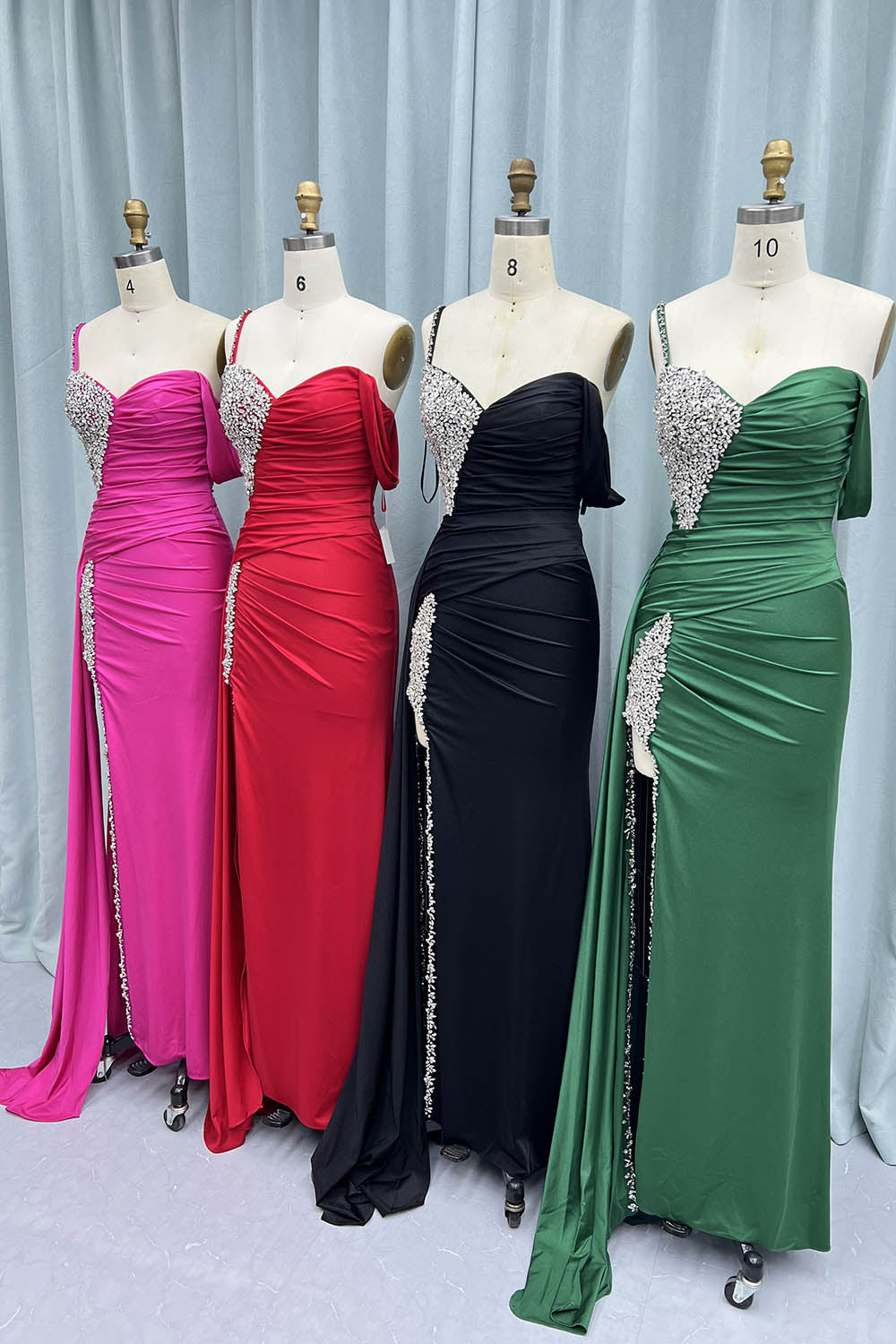 Red High Slit Crystals Long Prom Dresses One Shoulder Evening Gown