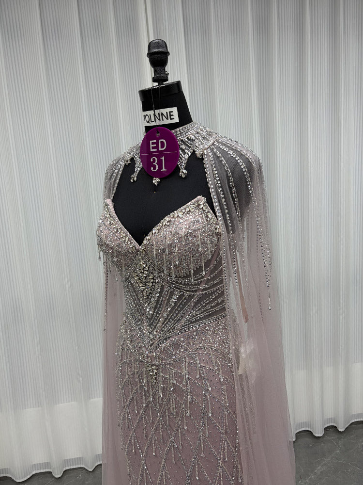 YQLNNE ED031 Gold Crystals Beaded Evening Dress With Shawl