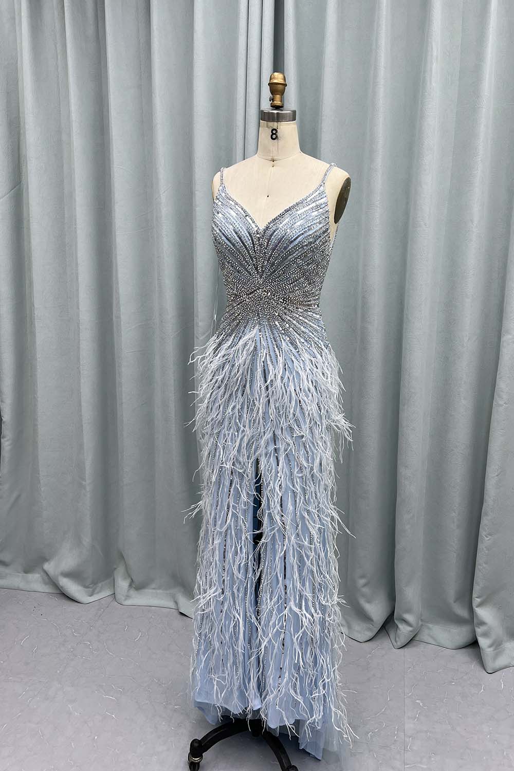 Luxury Blue Feathers Crystals Long Evening Dresses Straps Tulle Beaded Weddding Party Gown Vestidos