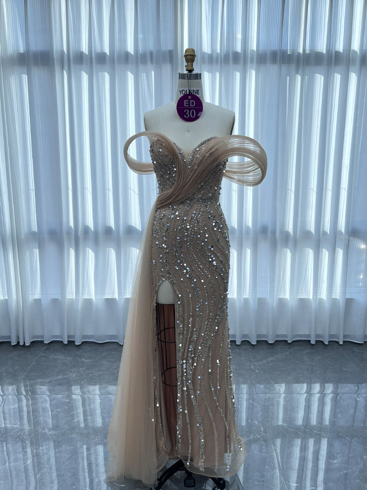 YQLNNE ED030 Gold Off Shoulder Handmade Beaded Evening Dress Mermaid