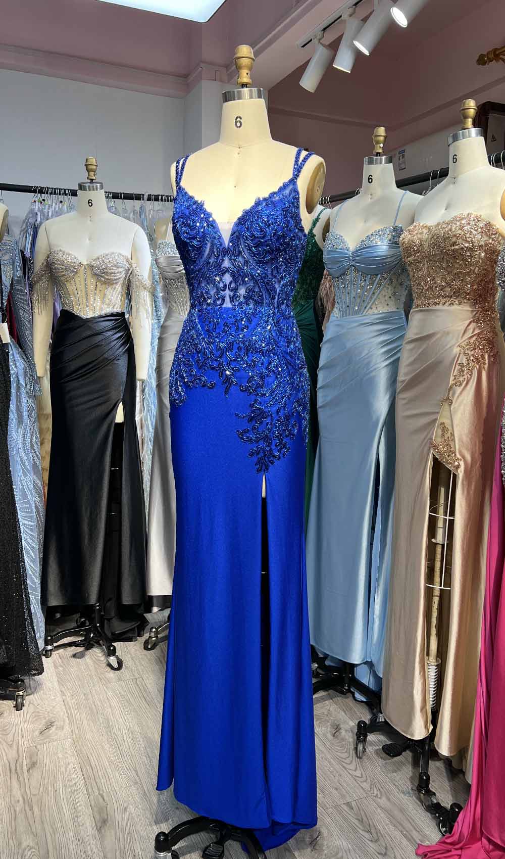 YQLNNE Gold High Slit Beading Prom Dresses Long Spaghetti Sequined Spandex Mermaid Evening Gown Lace-up